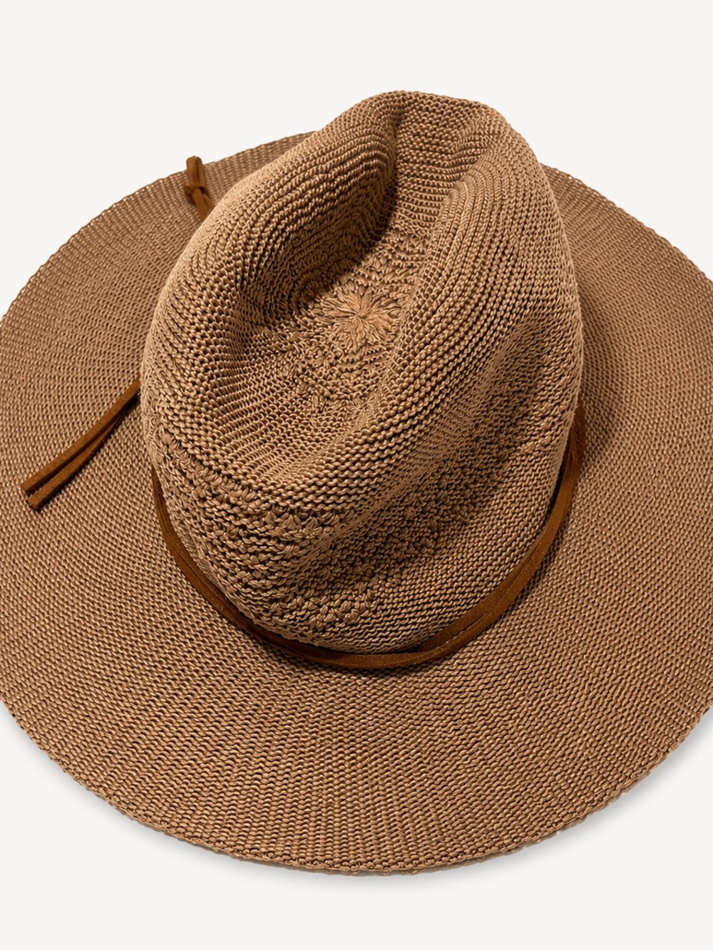 D&Y Black Faux Leather Trim Knit Fedora Sun Hat One Size Tan Boho
